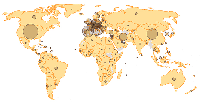 Hotspot map of the world with Coronavirus cases.