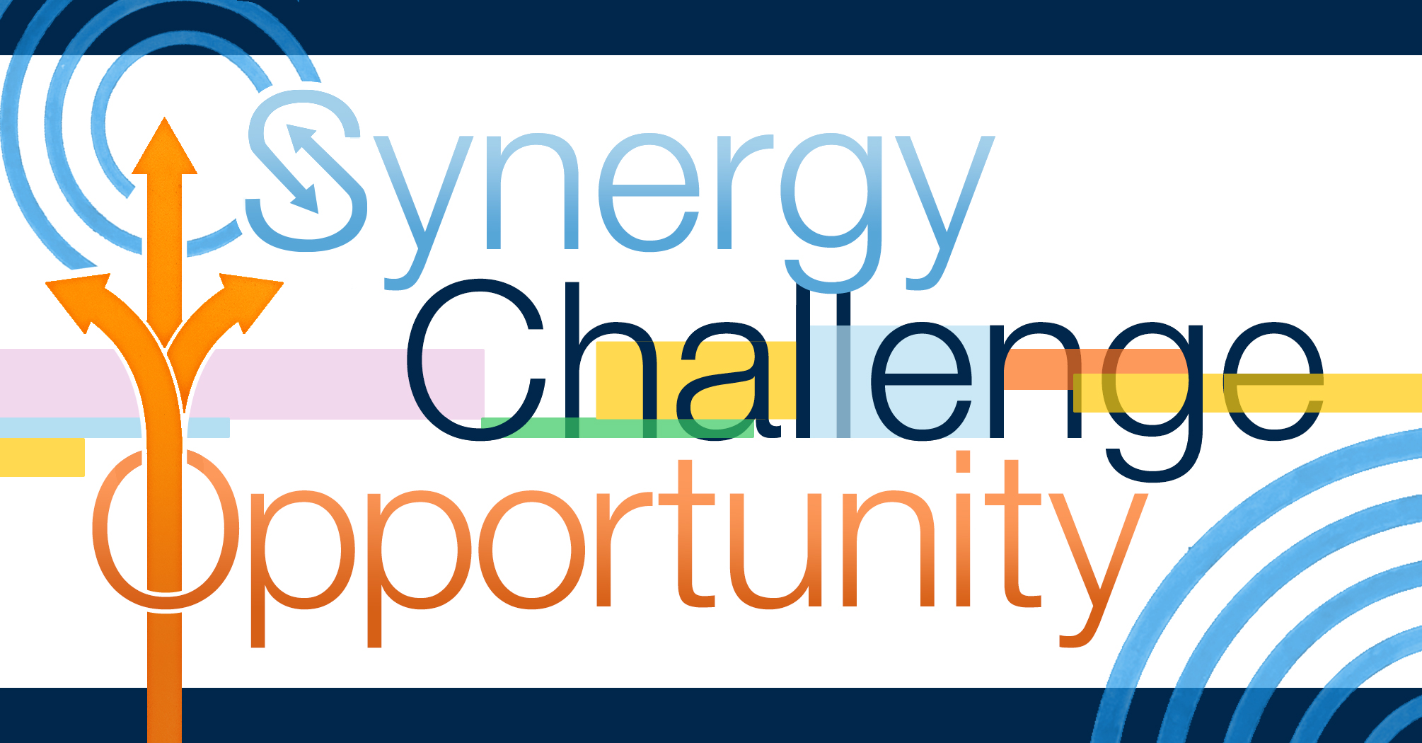 Graphic that says synergy, challenge, and opportunity.