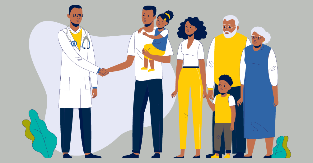 An illustration of a multi-generational family speaking with a medical professional. 