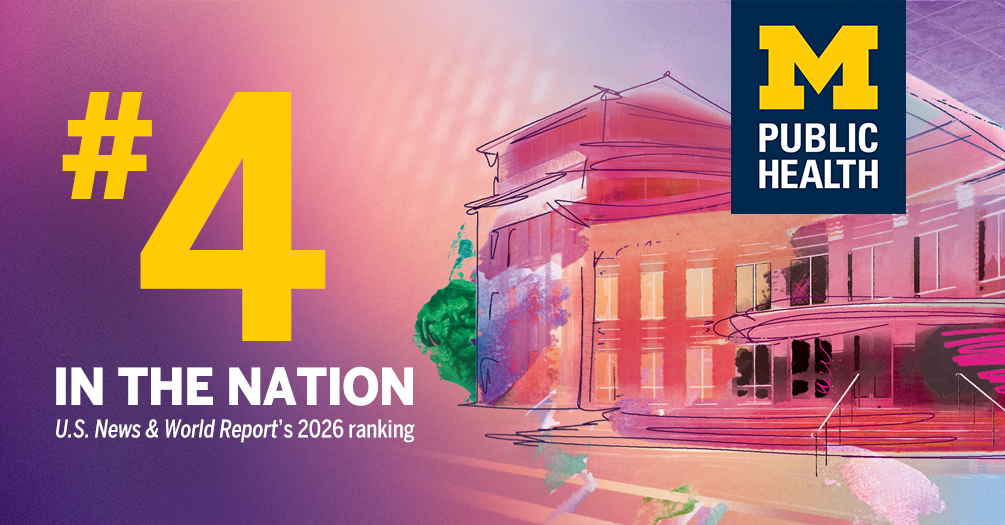pink and purple graphic of the exterior of the school of public health building, with the words " #4 in the nation"