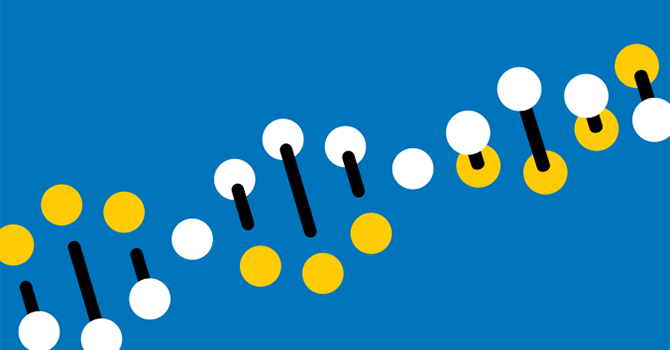 illustration of a DNA helix in blue, white, and yellow