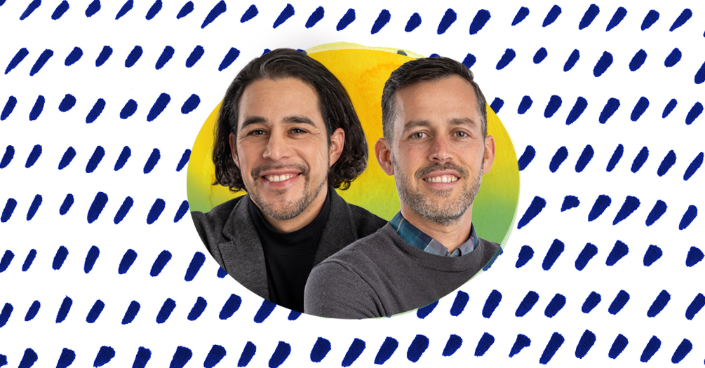 William Lopez and Paul Fleming headshot, framed within an yellow and green oval on a white and blue patterned background.