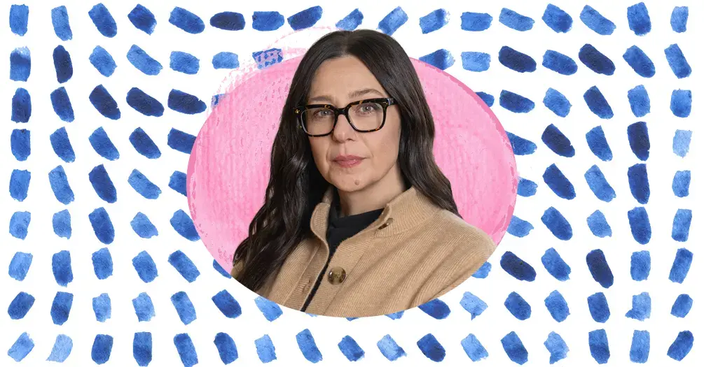 Kendrin Sonneville headshot on a pink oval with a blue and white pattern background