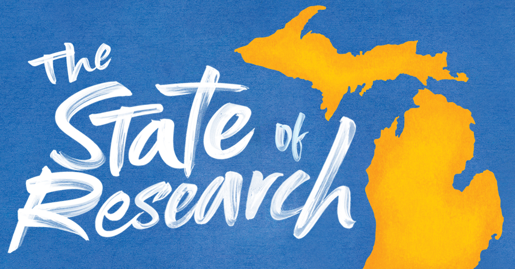 graphic of the state of michigan and a white overlay that says the state of research